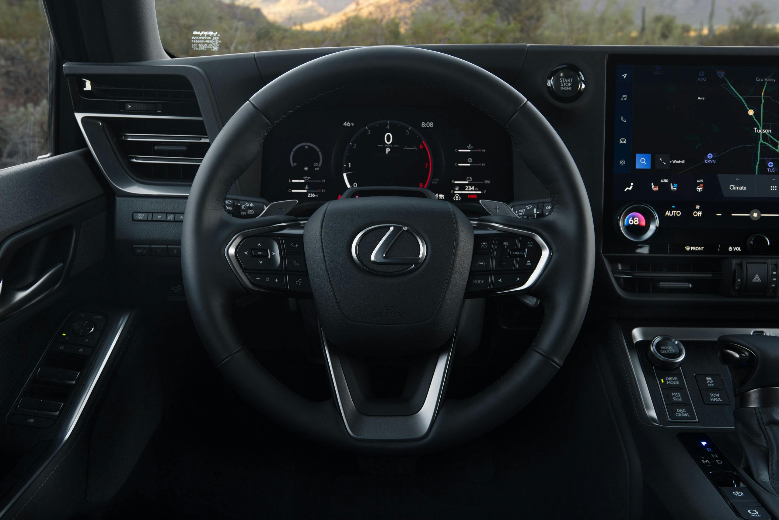 2024 Lexus GX 550 Overtrail+ interior driver's POV black interior steering wheel detail