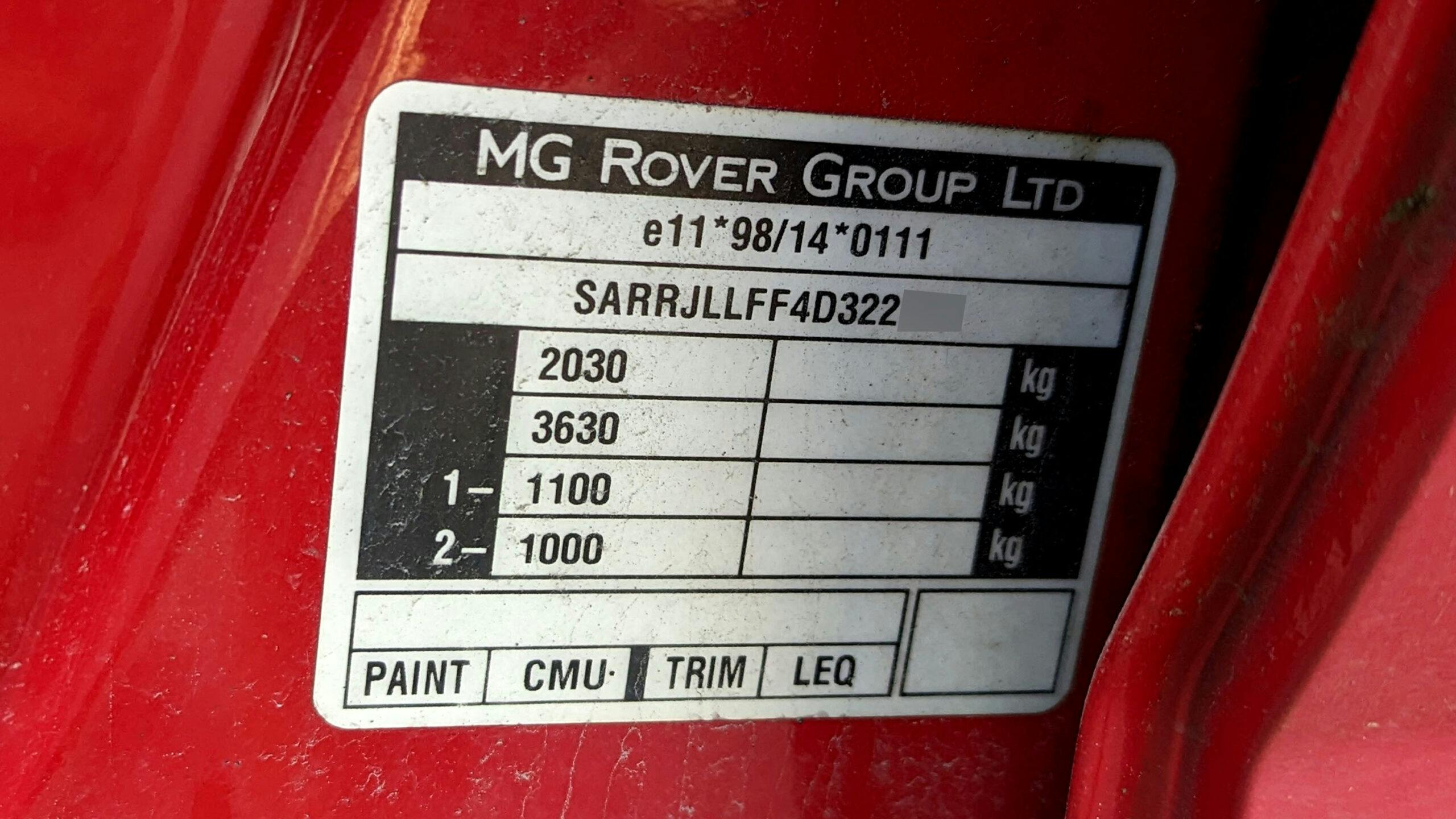 2005 MG ZT 190 info plate