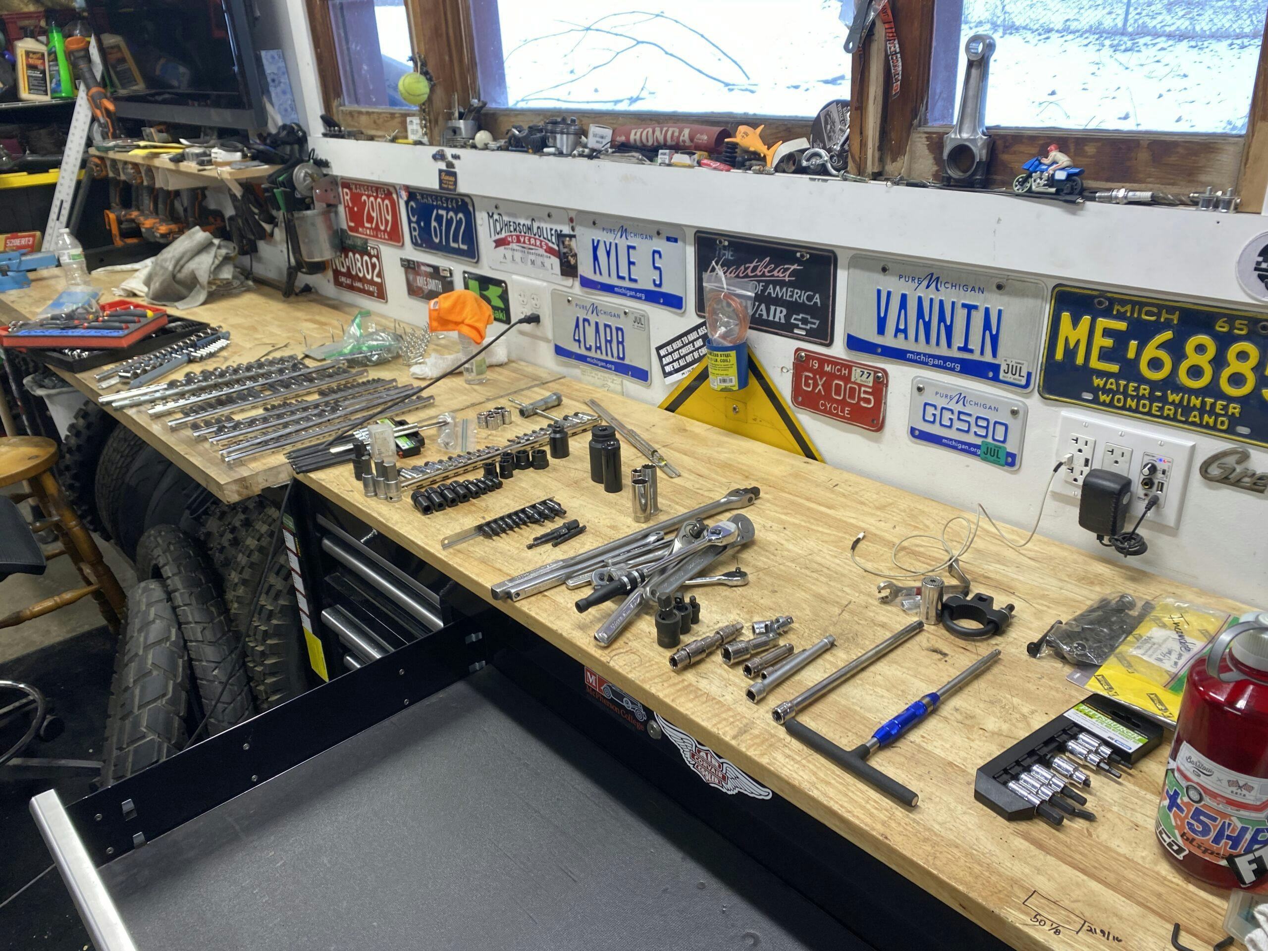 tools laid out on workbench