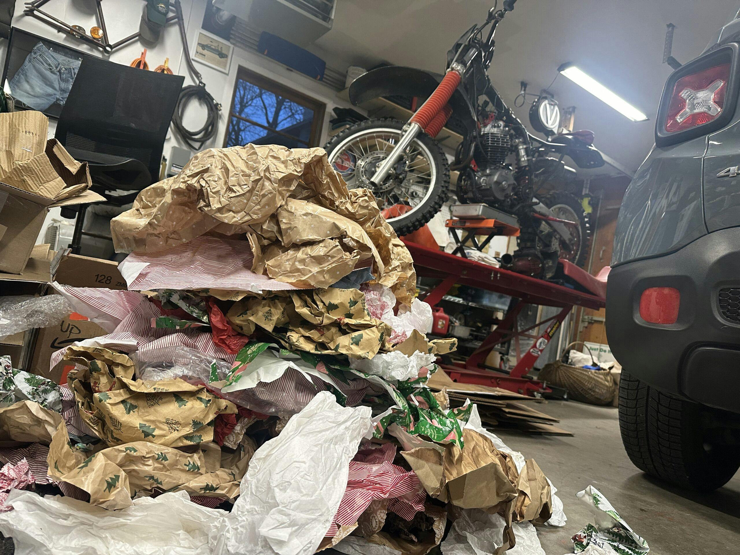 pile of wrapping paper and honda xr600r