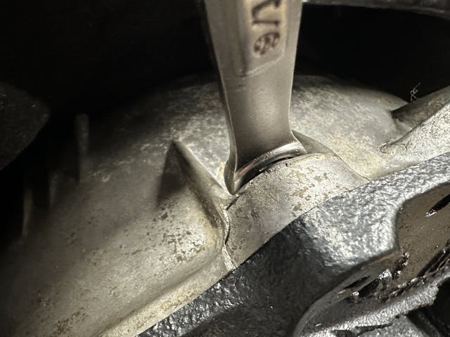 Wrench on Corvair transmission bolt