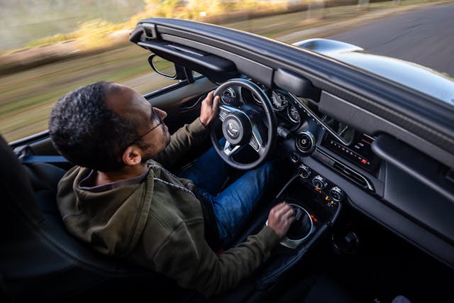 2023 Mazda Miata high angle interior driving action