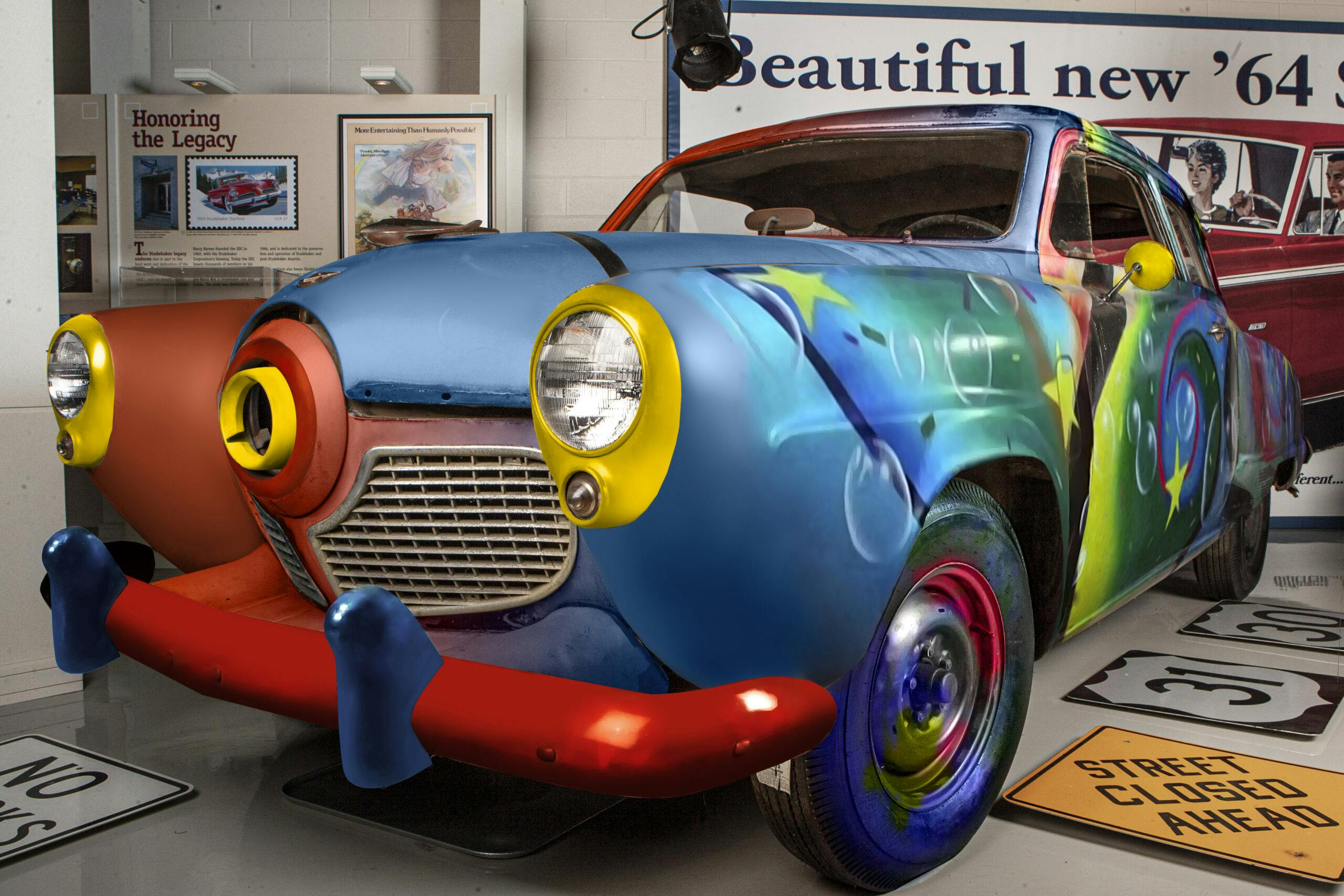 Muppet Car museum front three quarter paint resto rendering