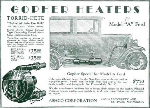 Gopher Heaters for Model A Ford vintage ad