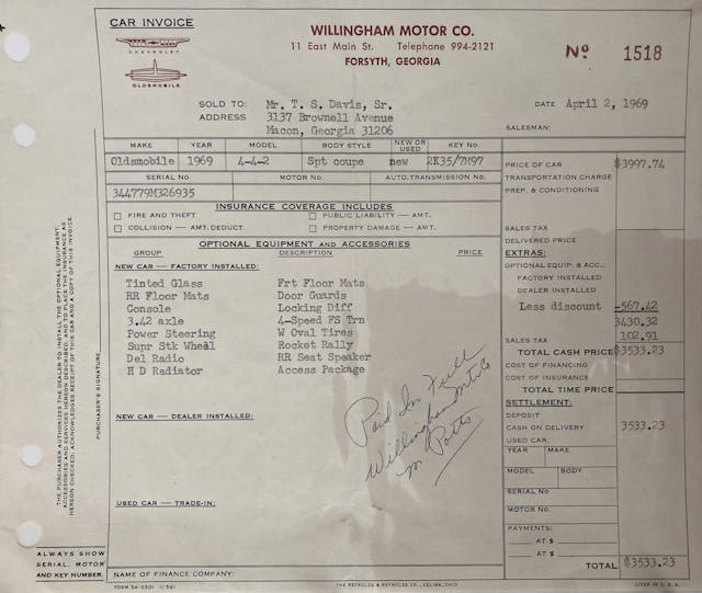 1969 Oldsmobile 442 willingham motor dealership invoice