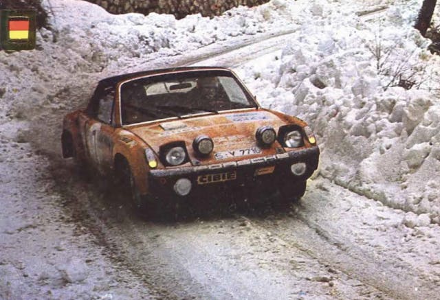 1971 Porsche 914/6 GT Monte Carlo Rally snow sliding