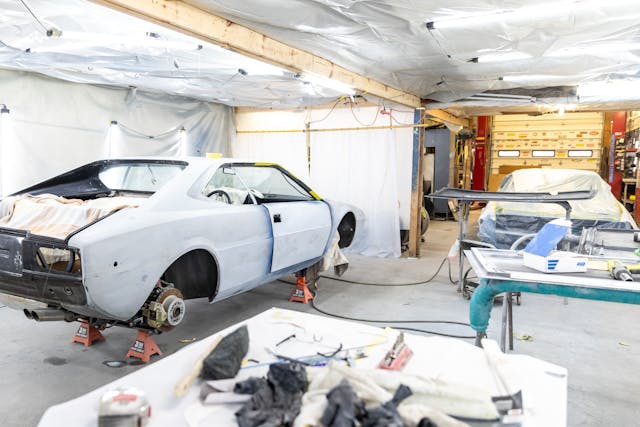 1975 Dino 308 GT4 restoration larry webster project car paint prep area