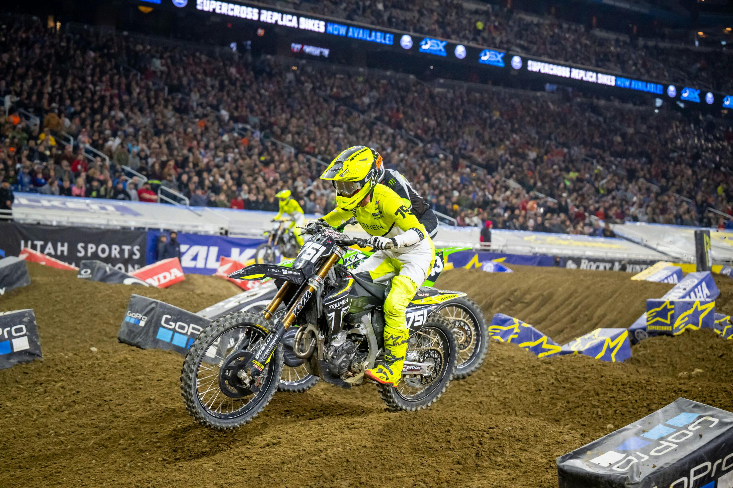 Supercross Detroit Triumph TF 250-X on whoops