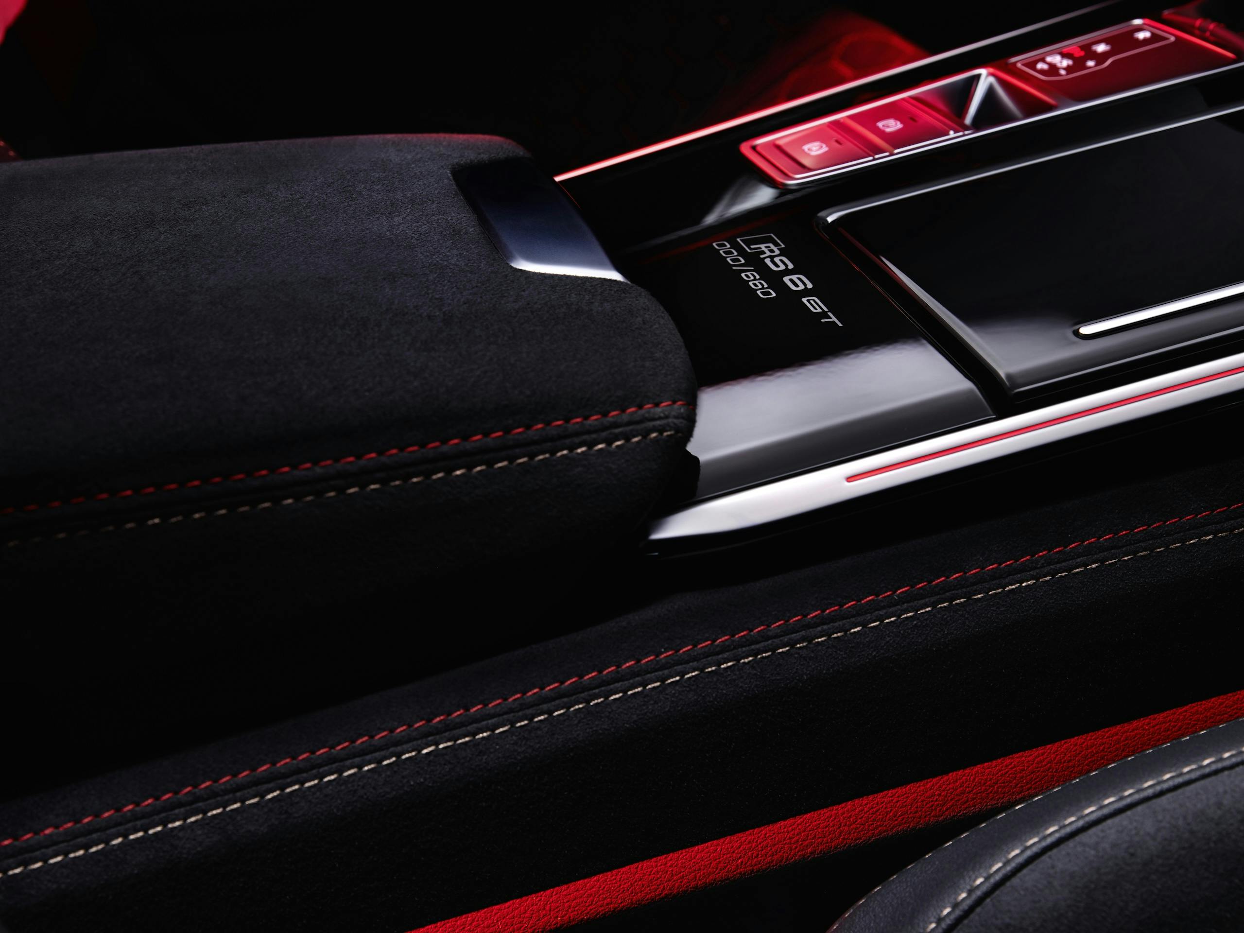Audi RS 6 Avant GT studio interior center console stitching detail