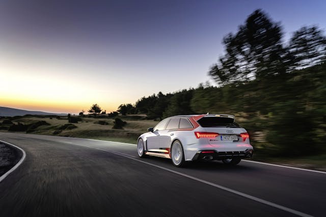 Audi RS 6 Avant GT rear three quarter dynamic action dusk