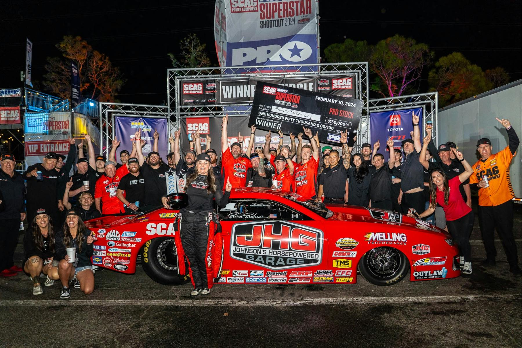 Erica Enders and the JHG/SCAG/Melling Elite Motorsports Pro Stock team
