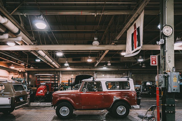 Vintage International Scout rally museum warehouse