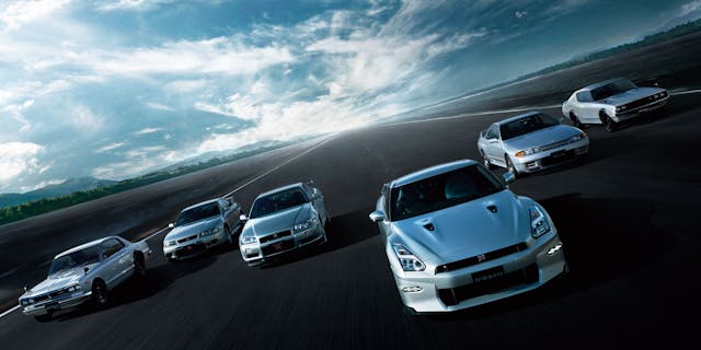 2025 Japanese-Market Nissan GT-R and all other generations of Skyline GT-R driving down runway