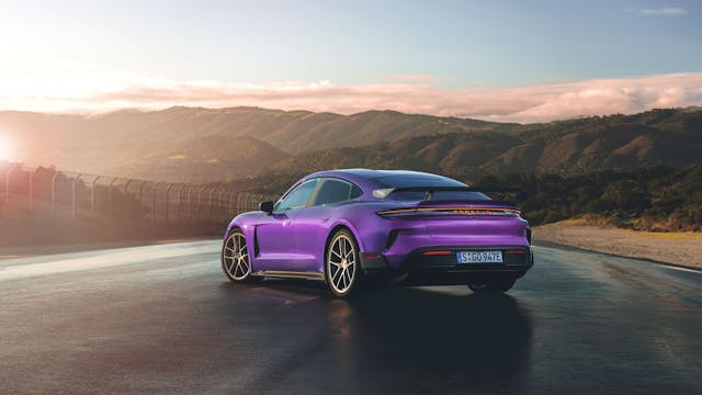 2025 Porsche Taycan Turbo GT with Weissach package exterior rear three quarter purple