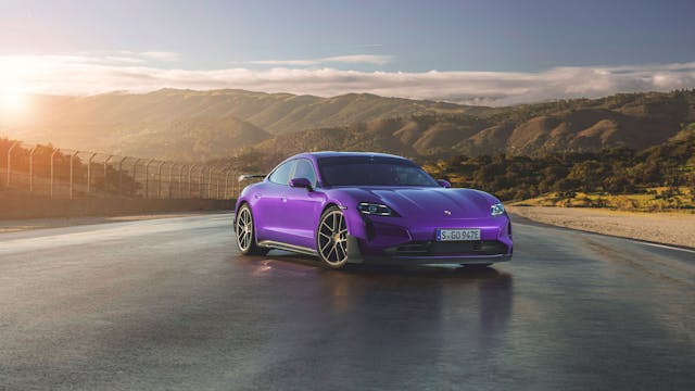 2025 Porsche Taycan Turbo GT with Weissach package exterior front three quarter purple