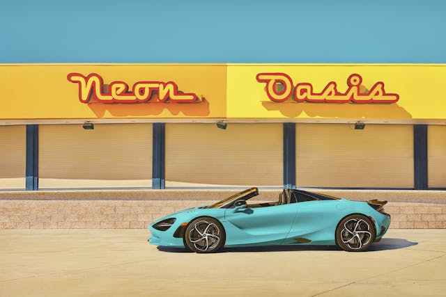 2024 McLaren 750S neon oasis lifestyle side profile