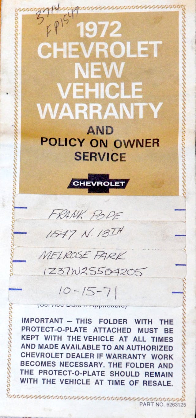Chevrolet 1972 Corvette warranty document