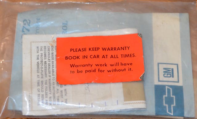 1972 Chevrolet Corvette warranty booklet documents sticker