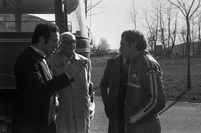 Mauro Forghieri, Enzo Ferrari, and Niki Lauda, testing at Fiorano in 1976