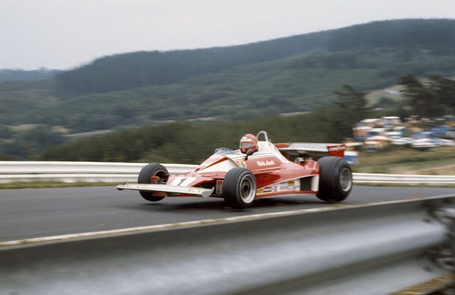 Niki Lauda Ferrari getting air Flugplatz practice action front three quarter