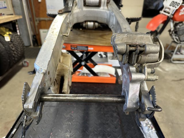 Honda XR600R swingarm and brake caliper fitted