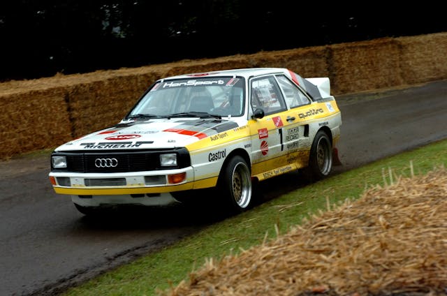 Audi Sport Quattro Rally car front three quarter action