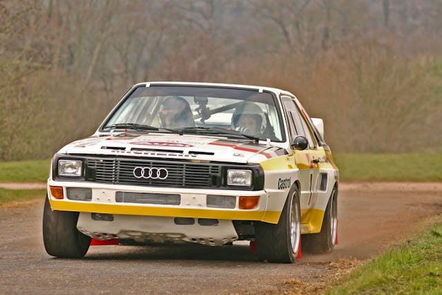 Audi Sport Quattro Rally car front three quarter action