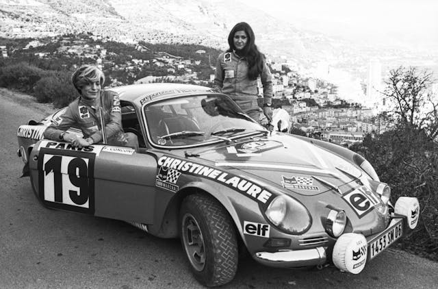 Mouton and co-driver Françoise Conconi with an Alpine A110 at the Monte Carlo Rally in January 1976