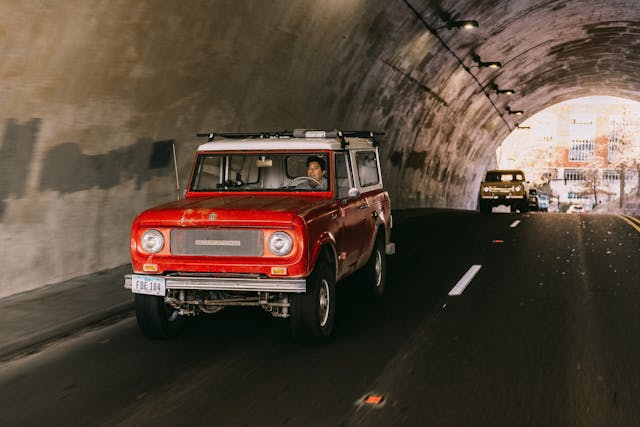 Vintage Scout SUV en route to Scout Motors property tunnel