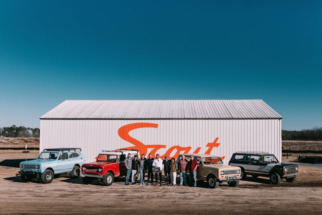 Vintage Scout SUVs at new Scout Motors property rally group shot