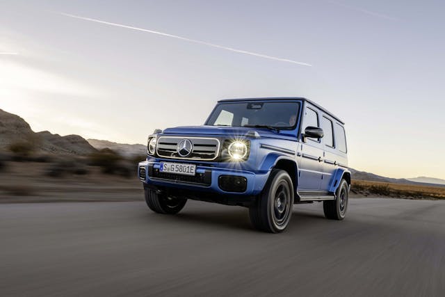 2025 Mercedes-Benz G 580 with EQ Technology exterior blue low front three quarter driving
