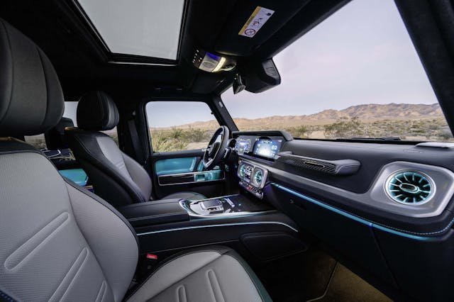 2025 Mercedes-Benz G 580 with EQ Technology interior front cabin area viewed through passenger door