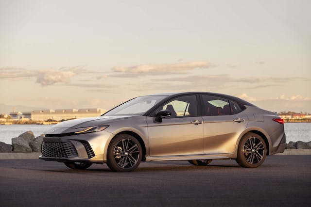 2025 Toyota Camry XSE exterior front three quarter by water gray during golden hour