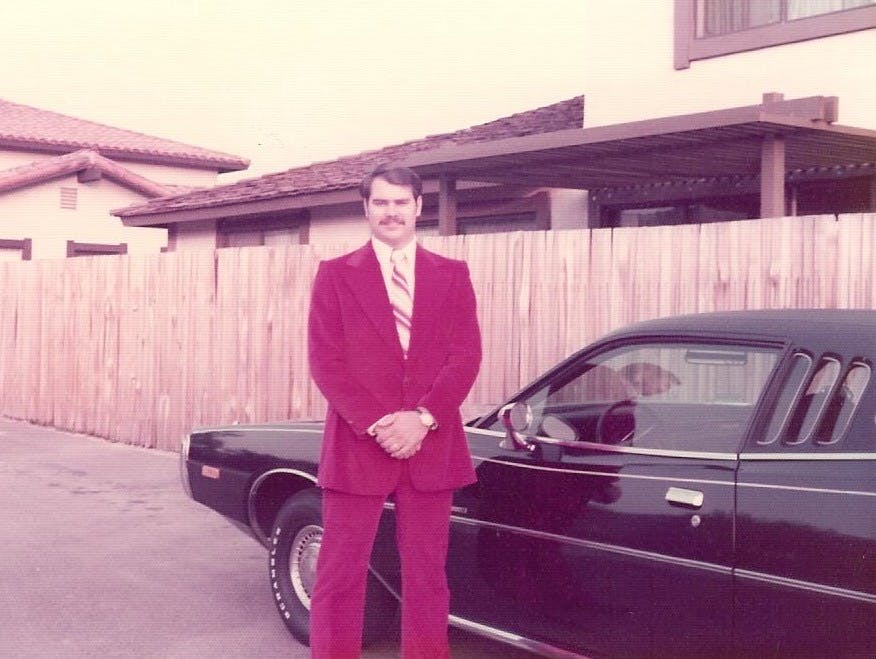 Bryan, red velvet suit, Highwood Court, June 1975