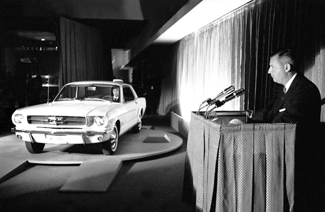 Henry Ford II gives the world its first look at the all-new Mustang on April 17, 1964