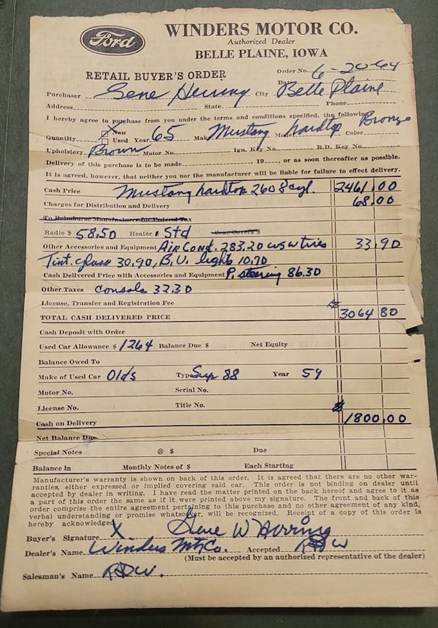 Rick Brough's 1964.5 Ford Mustang coupe order sheet