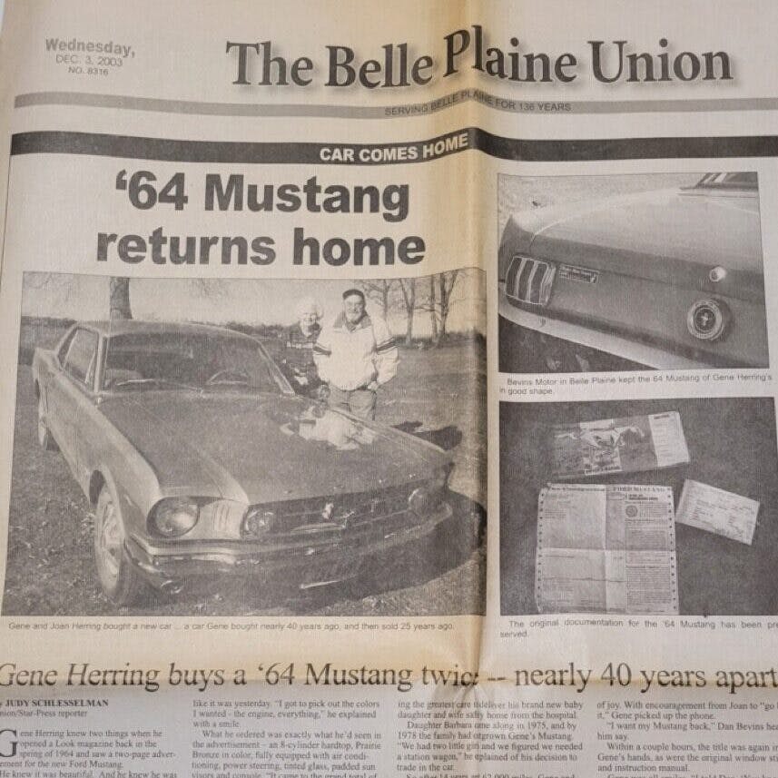 Rick Brough's 1964.5 Ford Mustang coupe newspaper story