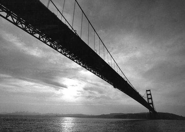 Golden Gate Bridge 1988 black white low angle