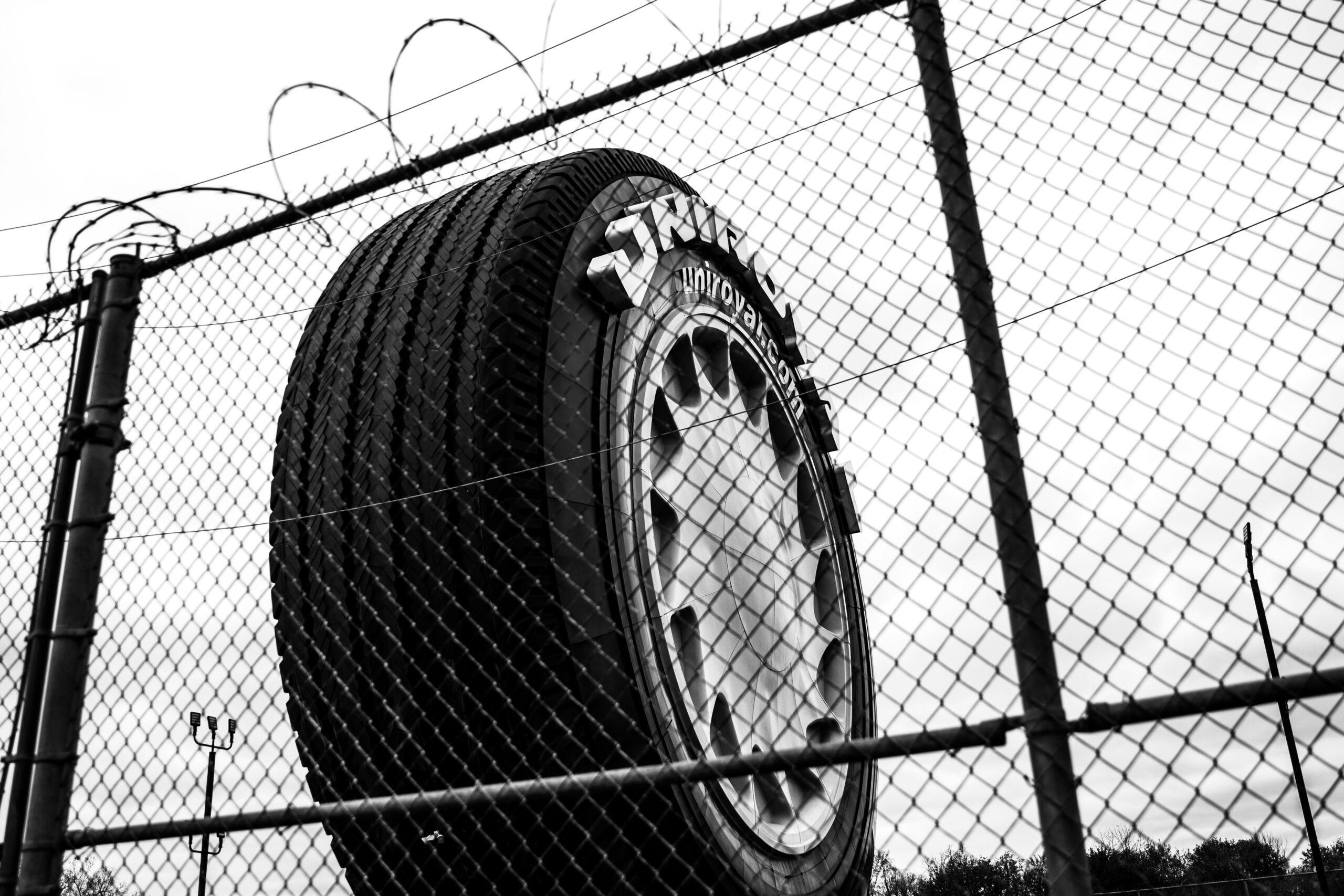 Uniroyal Tire Statue Detroit Michigan through fence