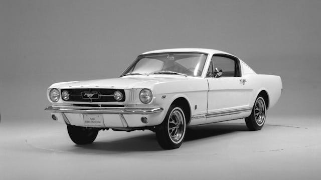 1965 Ford Mustang GT Fastback front three quarter black white