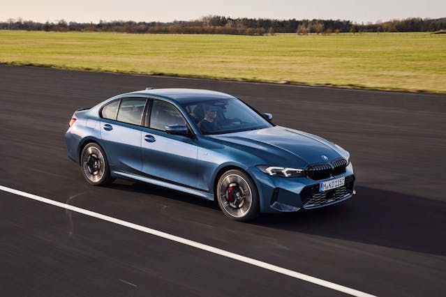 2025 BMW 3 Series exterior blue high front three quarter driving on runway
