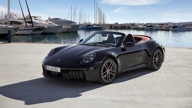 2025 Porsche 911 Carrera 4 GTS Cabriolet exterior black front three quarter in marina