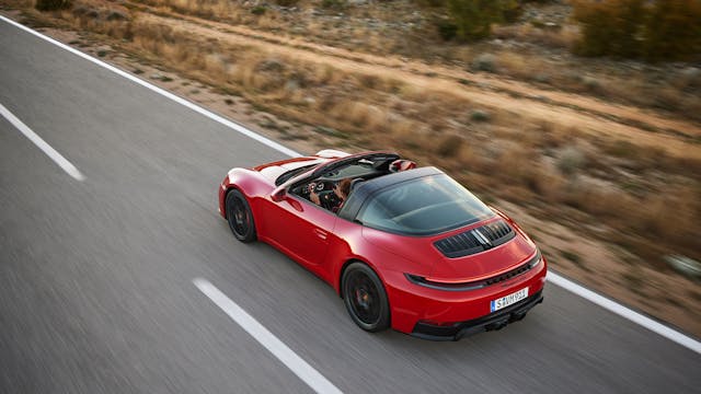 2025 Porsche 911 Targa 4 GTS exterior red high rear three quarter on road