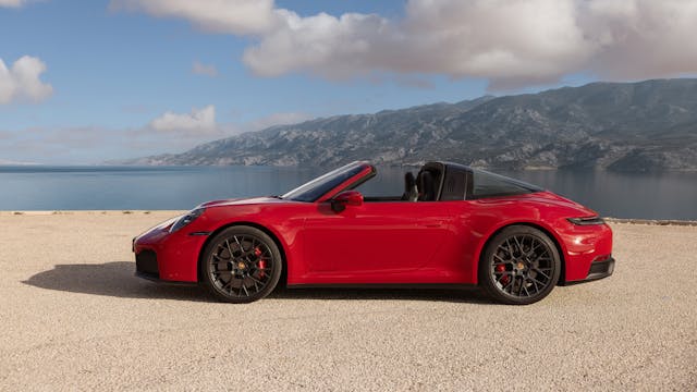 2025 Porsche 911 Targa 4 GTS exterior red side profile by beach