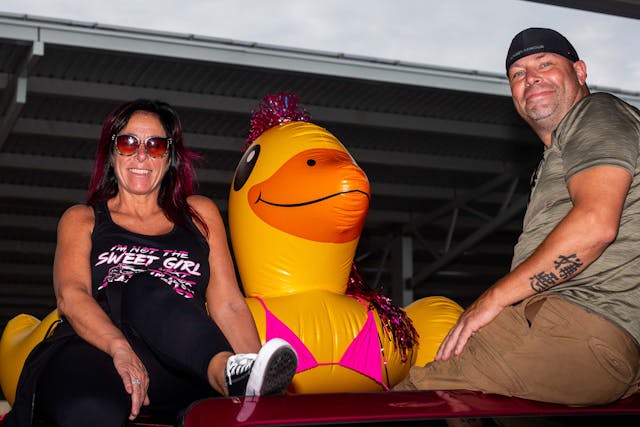 Duck Duck Jeep Toledo Jeepfest two people atop Wrangler with inflatable duck