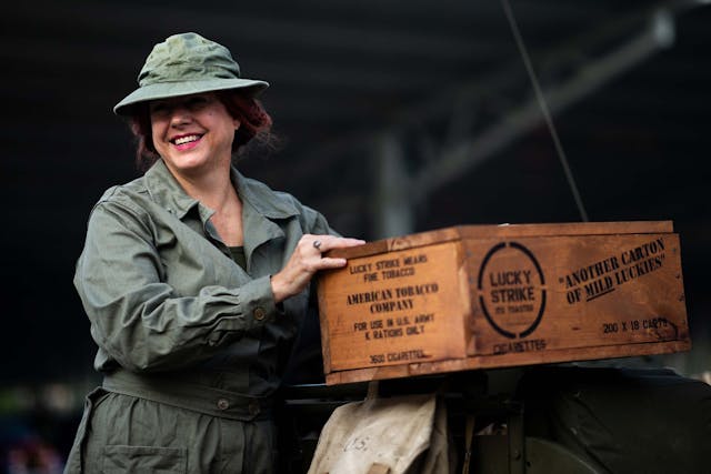 Duck Duck Jeep Toledo Jeepfest army cosplayer with Lucky Strike box