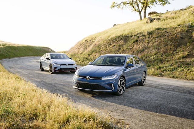 2025 Volkswagen Jetta GLI and Jetta SEL exterior front three quarter parked opposite angles