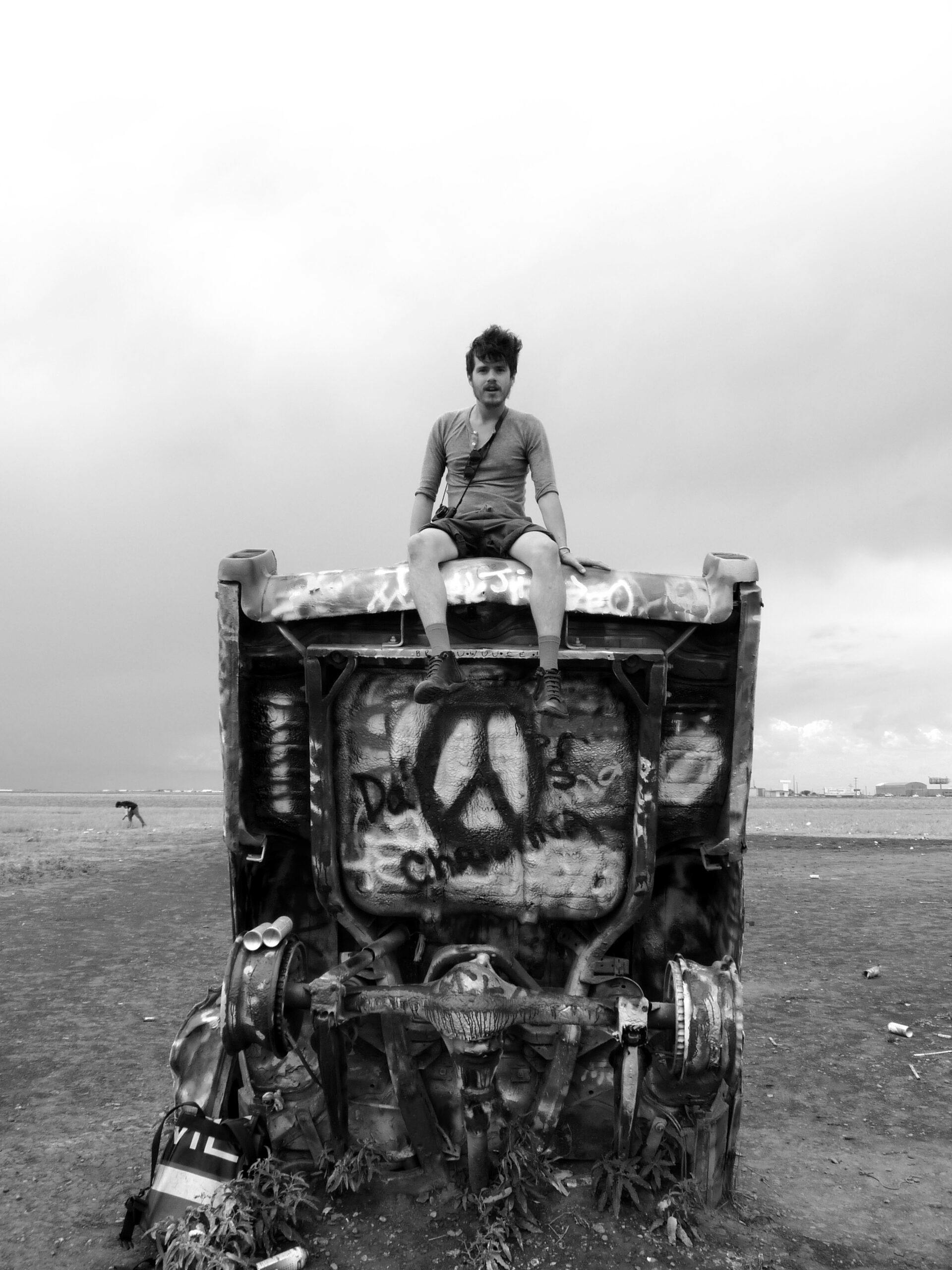 Cadillac Ranch black white sitting on top