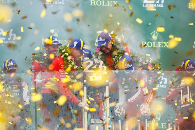 Ferrari 2024 Le Mans Overall Victory podium confetti