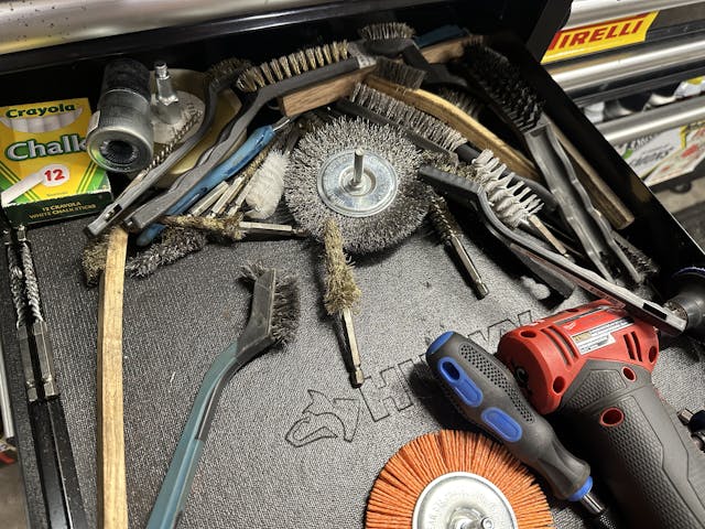 wire brushes in toolbox drawer